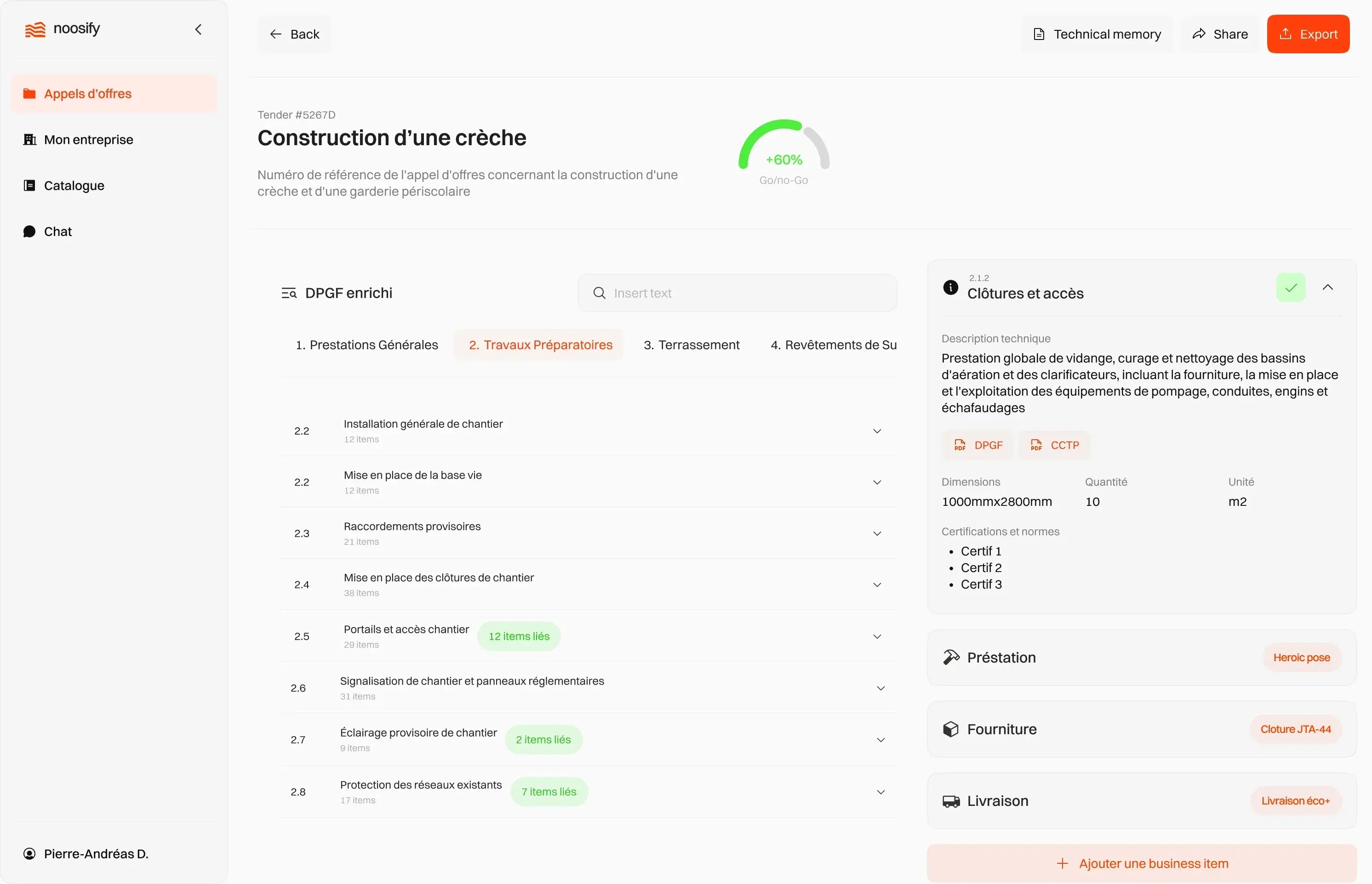 Aperçu de l'interface Noosify — liste des appels d'offres et détail d'une prestation